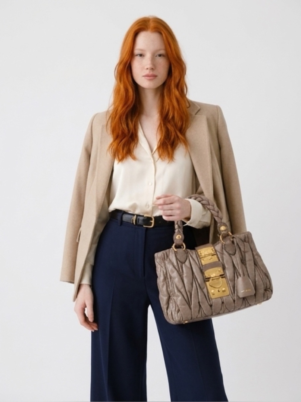 Miu Miu Taupe Matelasse Braided-Handle Quilted Satchel with Gold Hardware